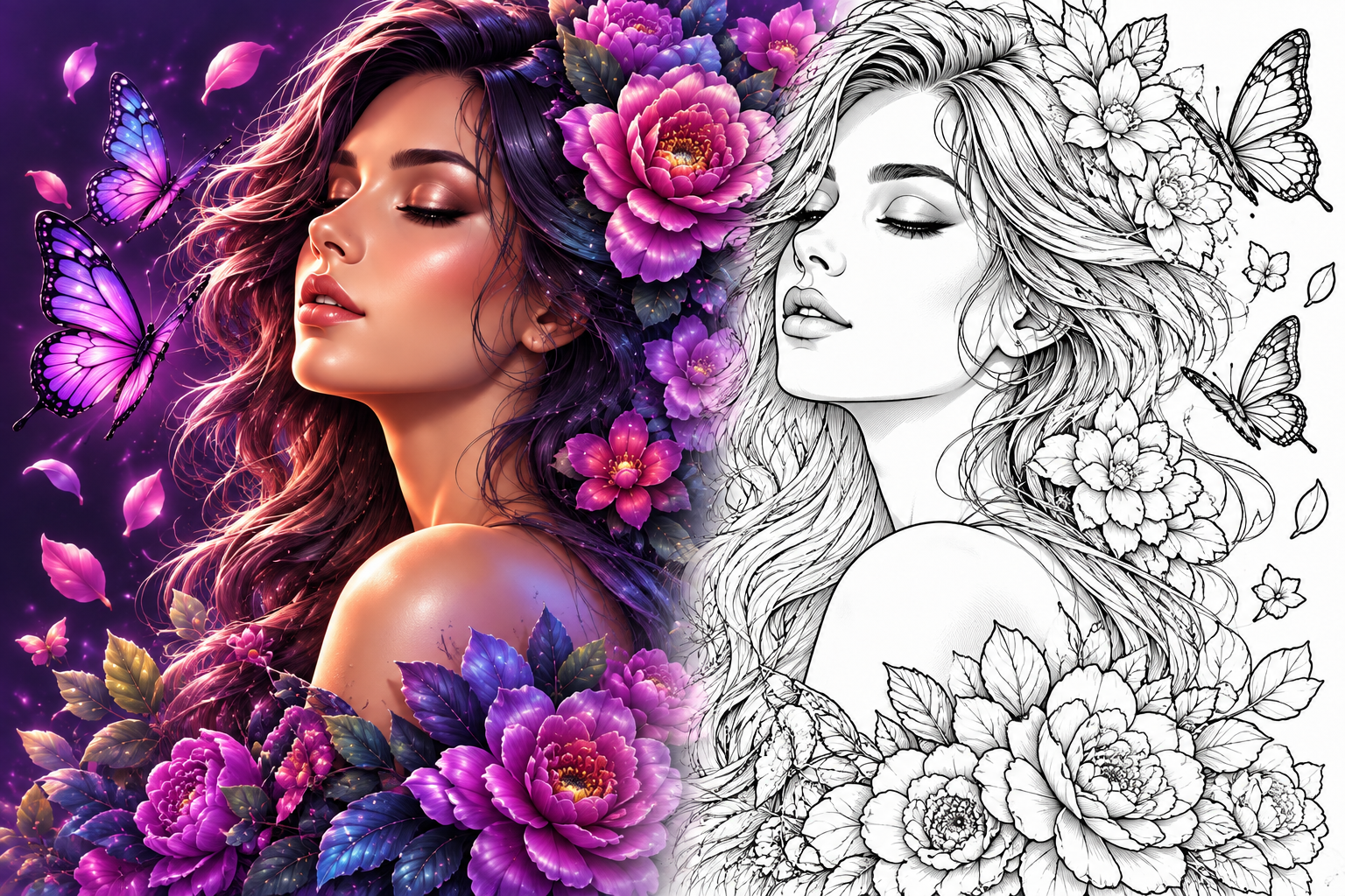 Adult coloring artwork — color illustration and printable line art